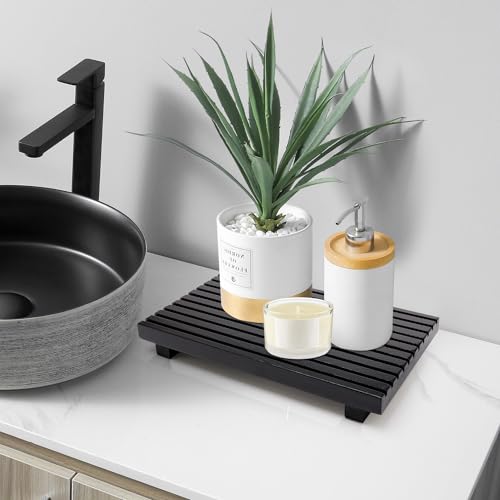 Black Bathroom Counter Tray Organizer Wood Riser Stand Kitchen Soap Holder (12x6.7 inch / Black)