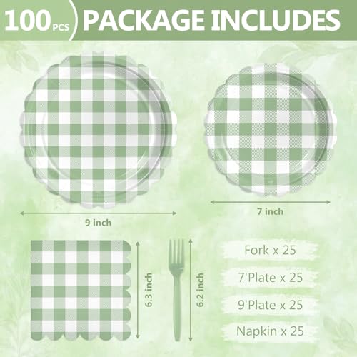 Sage Green Gingham Paper Plates and Napkins Disposable Set for Baby Shower (Sage Green Gingham 100 Plate Set / 7 & 9-inch Set)