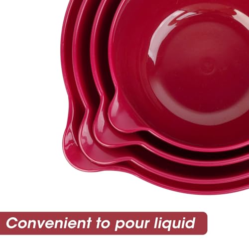 4 Pack Nesting Mixing Bowl Set with Pour Spout and Handle (Deep Carmine)