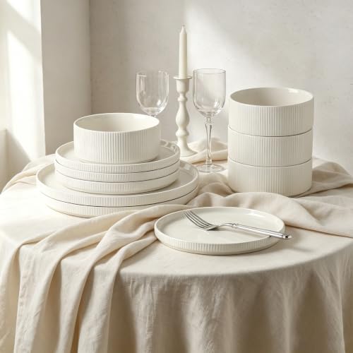 Stoneware Dinnerware Sets for 4 (Cream White / 4-Set(12pcs))