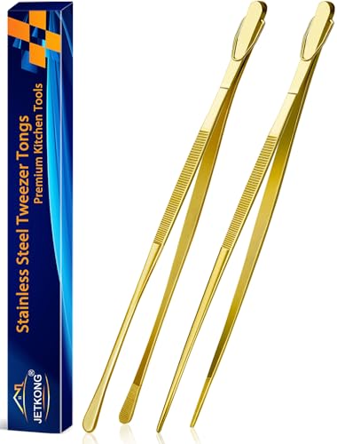 2 Pcs 14 Inch Cooking Tweezers Extra Long Stainless Steel Food Tweezers Kitchen Tweezer Tongs (14+14 Inch / Gold)