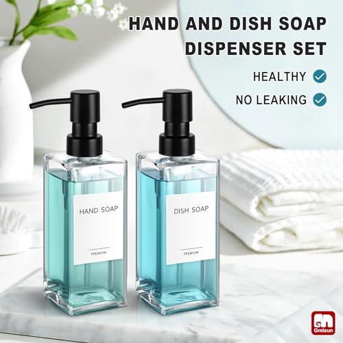 Glass Soap Dispenser with Stainless Steel Pump (Clear Bottle + Black Pump / 2 Pack)