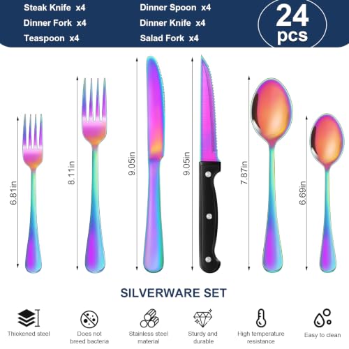 24 Piece Rainbow Silverware Set with Steak Knives Black Stainless Steel Flatware Set for 4 Food Grade Tableware Cutlery Set Rust (24Pcs-A)