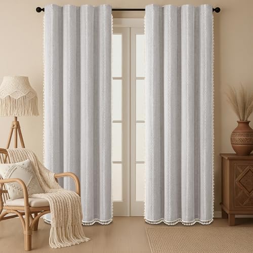 Grey 100% Boho Blackout Curtains 84 Inch 2 Panels with Tassels (Grey / 52"W x 84"L (Pack of 2))