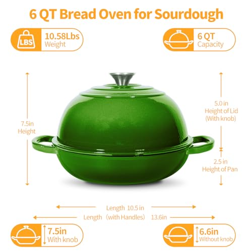 6QT Enameled Cast Iron Green Dutch Oven For Sourdough Bread Baking (Green / 6QT)
