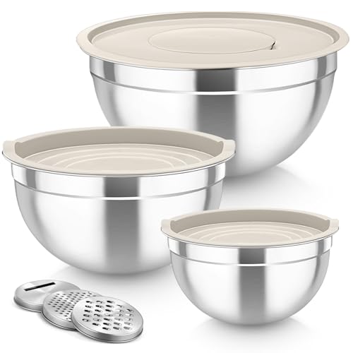 Mixing Bowls Stainless Steel Nesting Salad Bowls Set (Khaki / Airtight Lids)