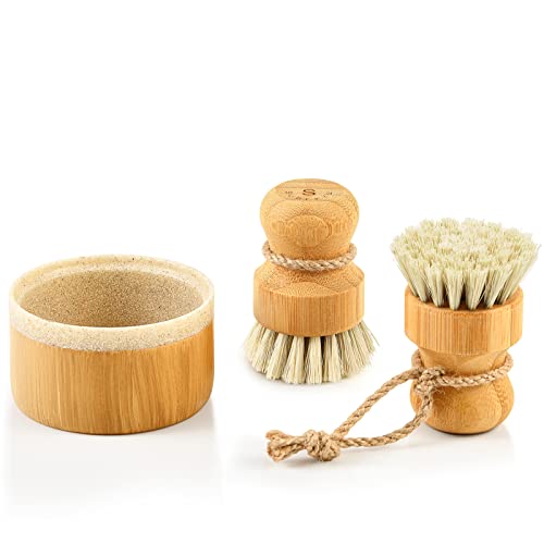 Bamboo Dish Scrub Brush (Sandstone Base + 2p Sisal Brushes / Regular size)