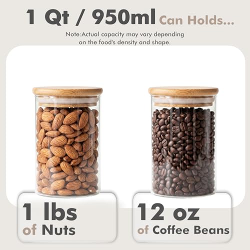 6 Pack 1Qt Round Glass Storage Jars with Bamboo Lids (1Qt*6)