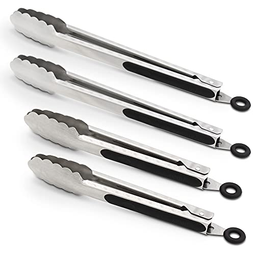 304 Stainless Steel Locking Kitchen Tongs (9" & 9" & 12" & 12" / Black)