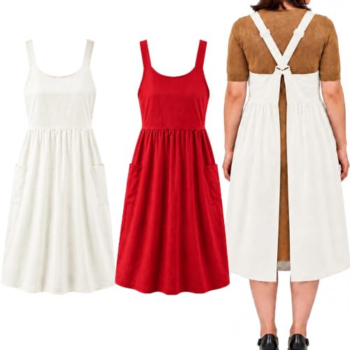 Cotton Linen Apron Cross Back Apron for Women with Pockets Pinafore Dress (2 Pack-red+white)