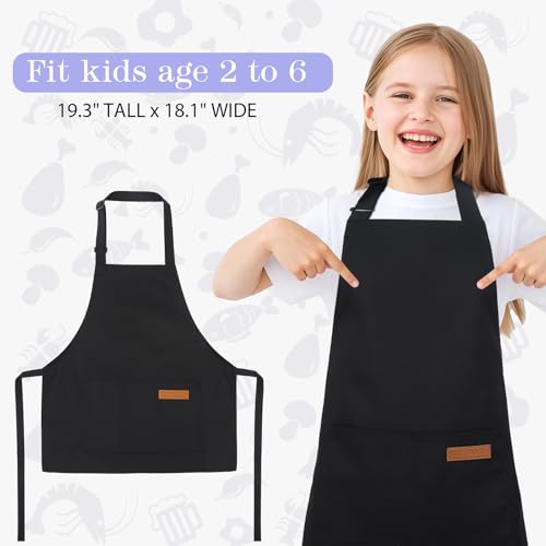 2 Pack Stripes Kid's Apron with 2 Pockets (45x50cm / Black Wide Stripes, Solid Black)