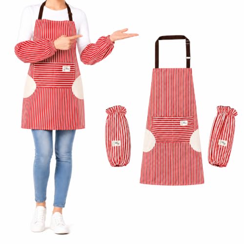Waterproof Bib Apron Set with Sleeves (Red-striped)