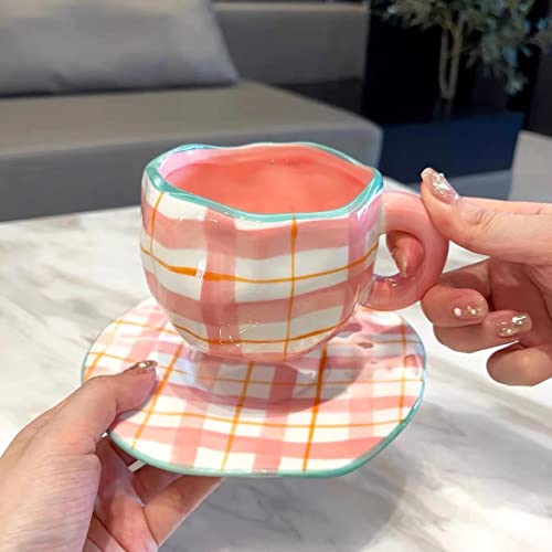 Pink Coffee Mug Cute Cup with Saucer Set for Women 10 oz (Pink Lattice)