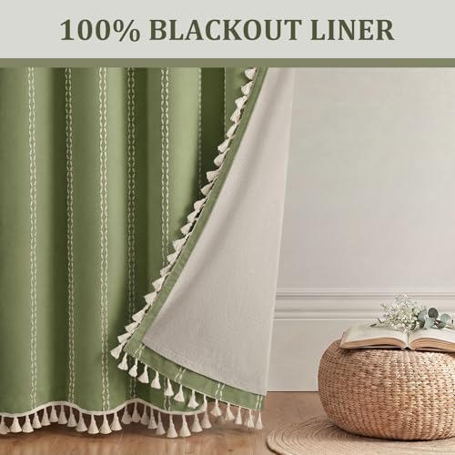 Olive Green 100% Boho Blackout Curtains 2 Panels 52W X 82L (Olive Green / 52"W x 82"L (Pack of 2))