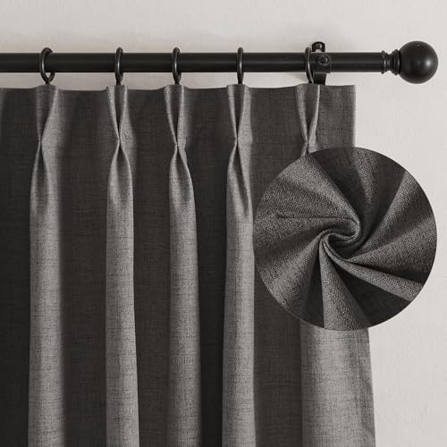 Pinch Pleated Back Tab Curtains Linen Textured 100% Blackout Curtains Thermal Insulated for Bedroom Living Room Bay Window Drapes (Grey / 40"W x 96"L (Pack of 2))
