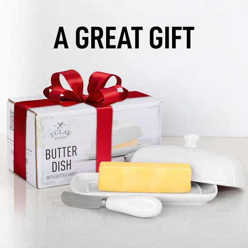 Ceramic Butter Dish with Lid For Countertop & Stainless Steel Knife (White)