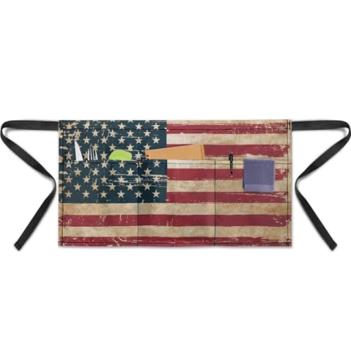 American Flag Print Waist Apron with 3 Pockets (American Flag)