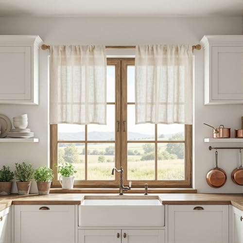 Short Linen Curtains 36 Inch Length for Kitchen Window (34"W x 36"L (Pack of 2) / Linen)