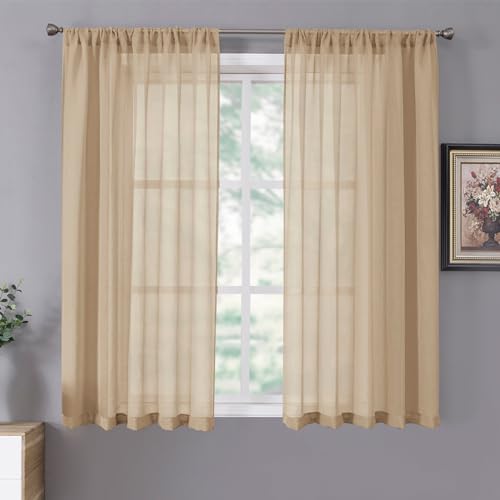 Short Sheer Curtains Linen Textured Bedroom Curtain Sheers Light Filtering Rod Pocket Voile Curtains for Living Room (54"W x 45"L (Pack of 2) / Beige)