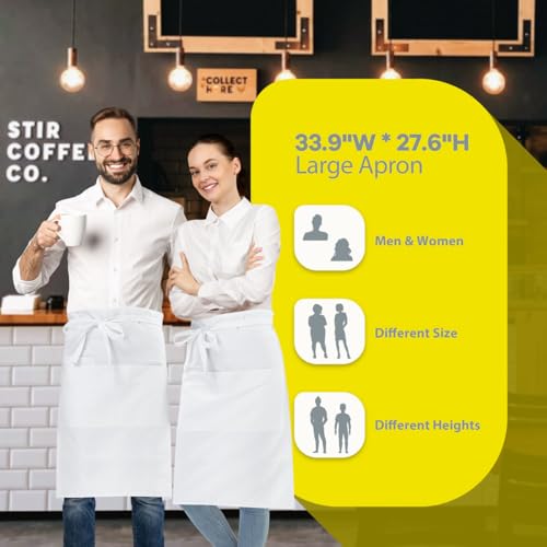 Long Server Apron Black with 3 Pockets 28" Bistro Aprons Waterproof (1 PACK(34x28 Inches) / White)