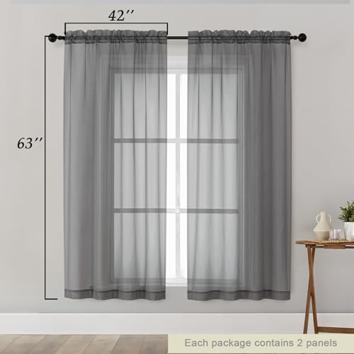 Sheer Grey Curtains for Bedroom Living Room 63 Inch Length 2 Panels (Grey / 42"W x 63"L (Pack of 2))