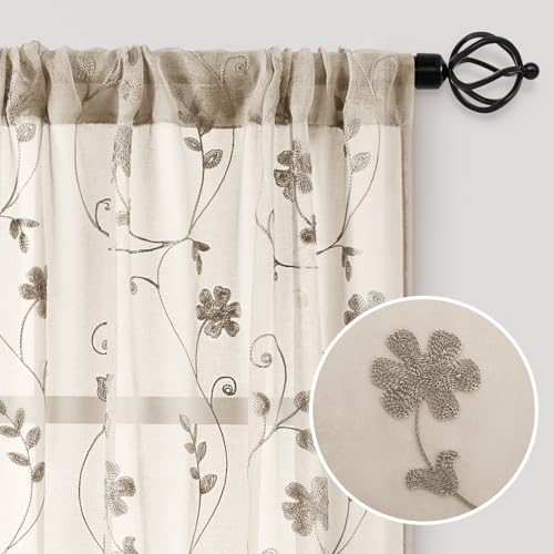 Taupe Sheer Curtains 63 Inches Length 2 Panels Beige Embroidered Floral Pattern Semi Sheer Window Curtains for Bedroom Living Room (52"W x 63"L (Pack of 2) / Taupe/Beige)