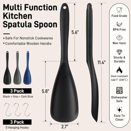 3 PACK Silicone Cooking Spatula & Spoon for Nonstick Cookware (Black, Grey, Dark Blue)