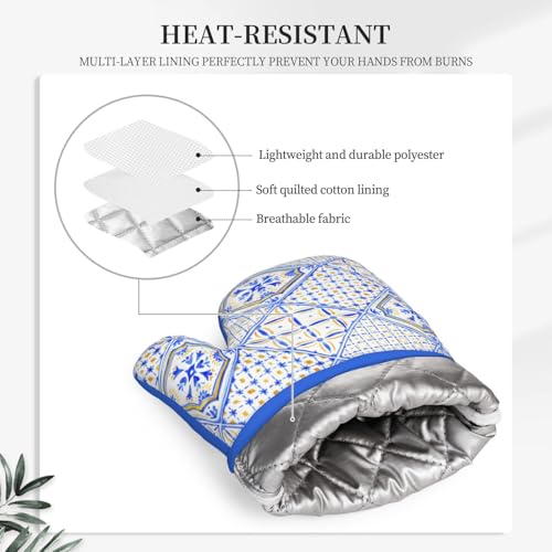 Blue Boho Geometric Silicone Oven Mitts Pan Mats Set of 2 (Black6)