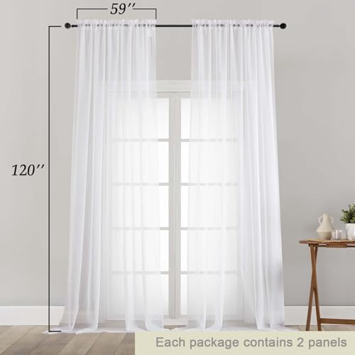 Extra Long Sheer White Curtains for Bedroom Living Room 120 Inches Long 2 Panels Set (White / 59"W x 120"L (Pack of 2))