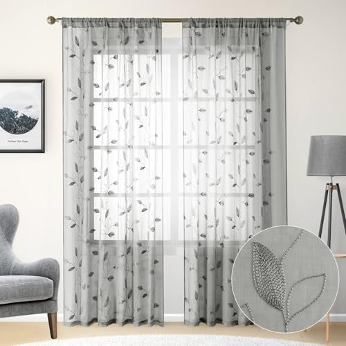 Light Grey Sheer Curtains Leaf Embroidered (52"W x 96"L (Pack of 2) / 3-grey)