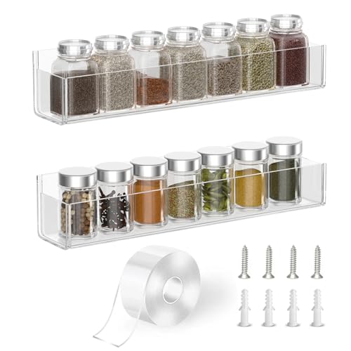 Adhesive Acrylic Spice Rack Organizer for Wall with Nano Double Sided Tape (2 Pack-12" (Rack Only) / Clear)