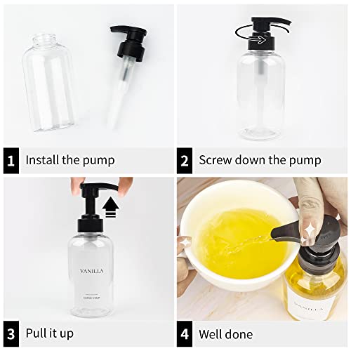 4 Pieces Coffee Syrup Dispenser Bottle 300ml PET Black Pump Bottles with Labels for Coffee Bar Organization