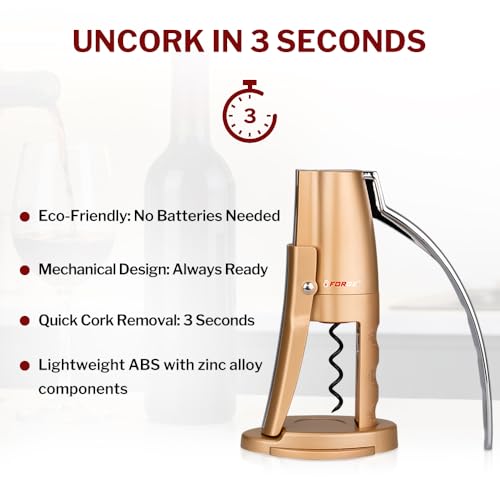 Quality Compact Vertical Lever Corkscrew Wine Opener with Foil Cutter. 3 Seconds to Open a Bottle of Wine. Champagne Gold (Gold)