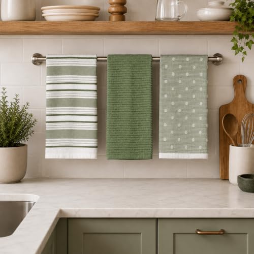 Sage Green Striped Kitchen Hand Dish Towels (Green Austin)