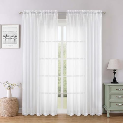 White Sheer Curtains 78 Inches Long 2 Pcs (White / 59"W x 78"L (Pack of 2))