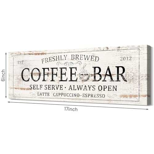 Coffee Bar Sign Decor Rustic Kitchen Canvas Sign Farmhouse Bar Hanging Wall Decor Self Serve Always Open Vintage Plaque Signs for Coffee Station Home Office 6x17 (17L" x 6W" / AI23-07-coffee bar)