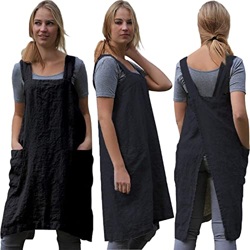 Pinafore Cross Back Apron for Women with Pockets (Medium / Black)