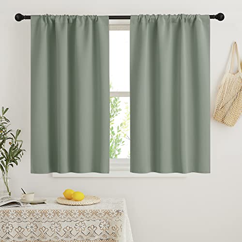 Short Blackout Curtains for Bedroom (Grayish Green / 34"W x 45"L (Pack of 2))