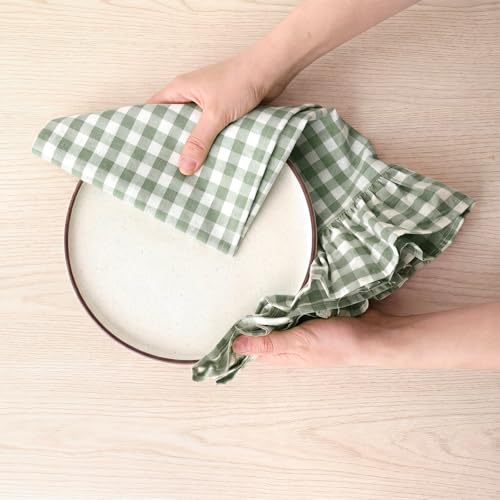 2 Pcs Green Gingham Kitchen Towels Cotton Ruffled (Green / Gingham)