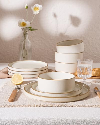Nebula 16 Piece Stoneware Dinnerware Set with Pasta Bowls (Matte Beige White with Brown Rim / Service for 4 (Include Pasta Bowls))