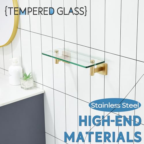 Wall Shelves Floating Shelf 12'' Stainless Steel Bathroom Hardware Tempered Glass Small Hanging Rack for Storage (Brushed Gold / 12-Inch)