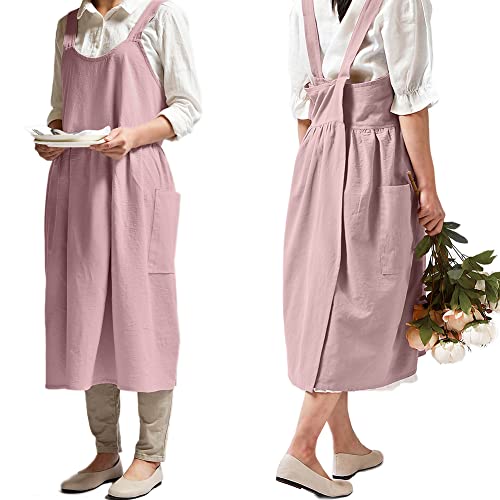 Japanese Cotton Cross Back Smock Apron for Women with Pockets Pink (05 - Pink Without Waist Ties)