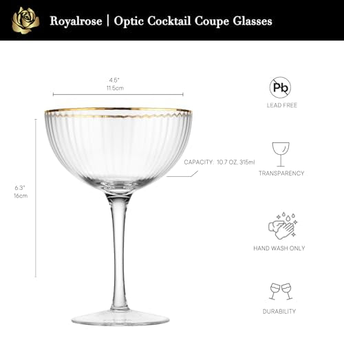 Premium Cheerfull 10.7 oz Gold Rim Coupe Glasses Set of 4