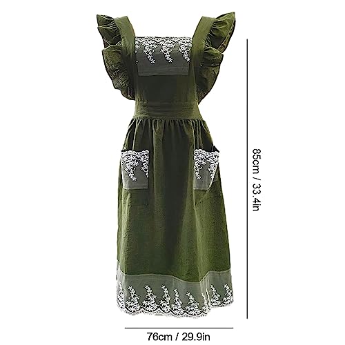 Cute Cotton Apron Frilly Lace Ruffle Adjustable Pinafore Apron Dress with Pockets for Cooking Baking Cleaning Gardening (Pine Green)