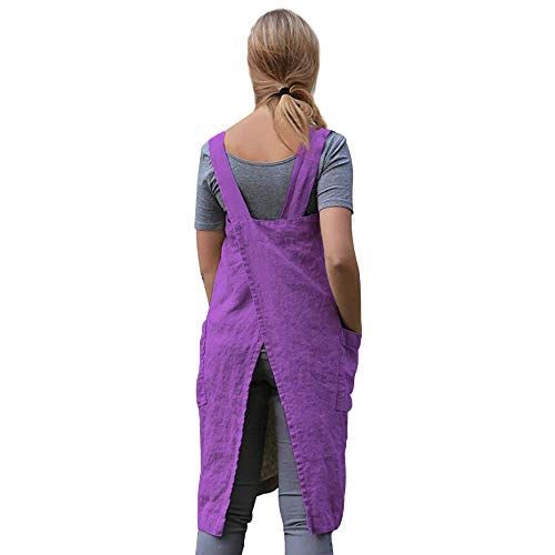 Women's Pinafore Square Apron Baking Cooking Gardening Works Cross Back Cotton (Small / Y-purple)