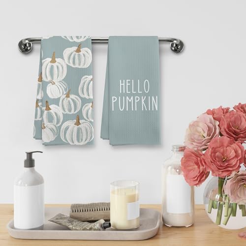 Fall Blue Hello Pumpkin Farmhouse Kitchen Towels and Dishcloths Sets of 2 (Lake Pumpkin)