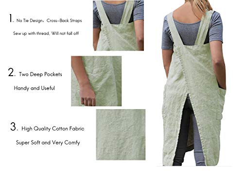 Women's Pinafore Square Apron Baking Cooking Gardening Works Cross Back Cotton (Medium / Y-light Green)