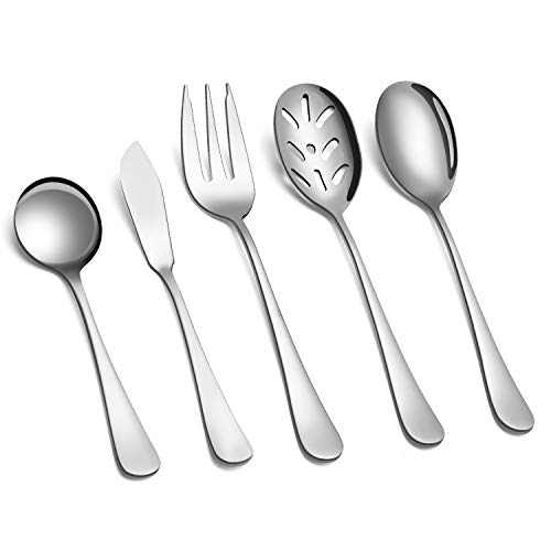 5-Piece 18/0 Stainless Steel Serving Set,Large Hostess Set with Round Edge,Mirror Finished,Dishwasher Safe -Spoons, Forks,Butter Knife& Slotted Spoon(Serving set, Silver) (Silver / 5-Piece)