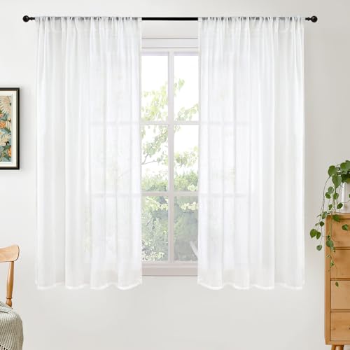 White Linen Semi Sheer Curtains 45 Inch Length for Short Window (White / 42"W x 45"L (Pack of 2))
