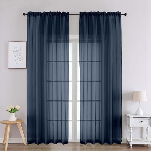 Navy Blue Sheer Curtains 90 Inches Long 2 Panels (Navy Blue / 59"W x 90"L (Pack of 2))